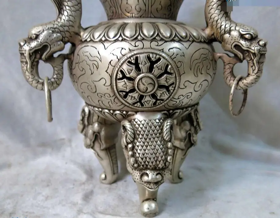 Fine silver censer China carved lucky two Dragon sculpture incense burner Statue | Дом и сад