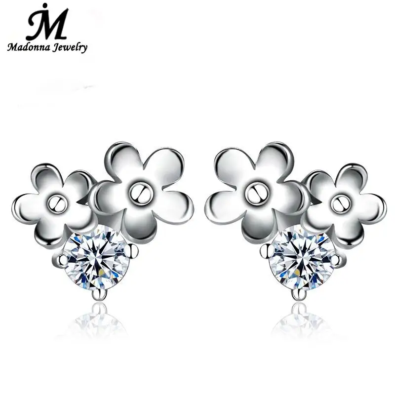 Модные женские серьги гвоздики серебристого цвета с кристаллами и двойным