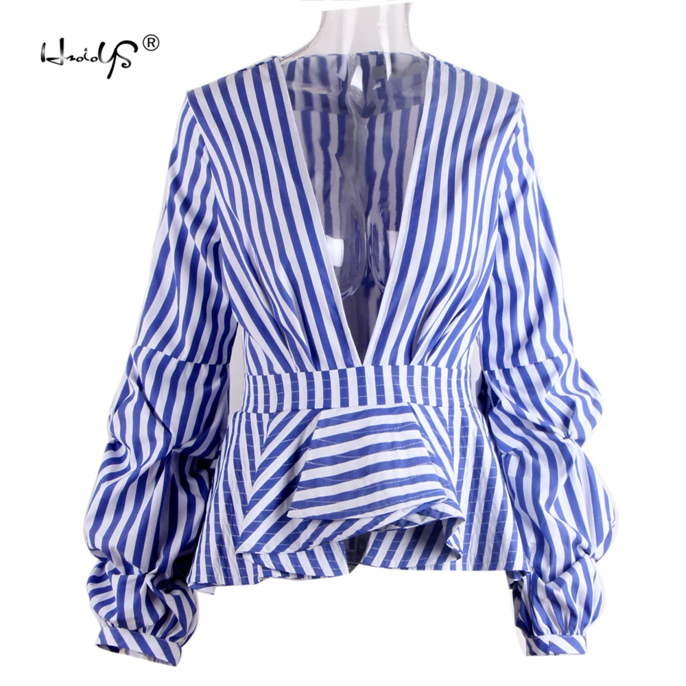 Женская Сексуальная Блузка с глубоким v образным вырезом сине белая полосатая