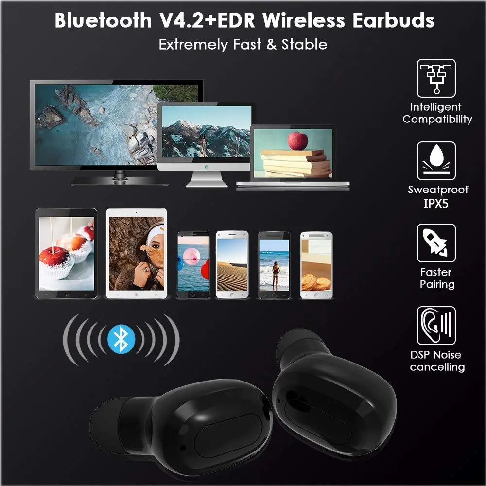 Bluenin Mini Bluetooth Headset Wireless Earbuds Stereo V4.2 Cordless Earphones with Charging Box for Android | Электроника