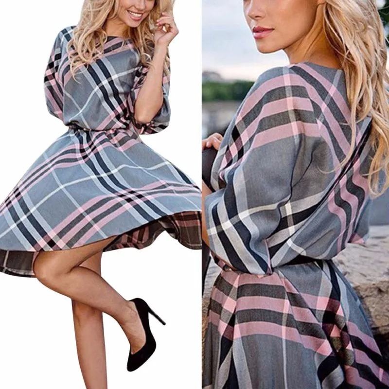 Лето 2016 новинка женщины плед печать платье свободного покроя о-образным вырезом