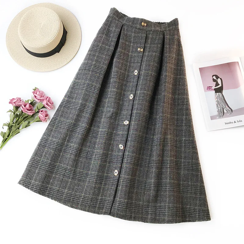 Для женщин клетчатая юбка миди из искусственной кожи пуговицы с высокой талией
