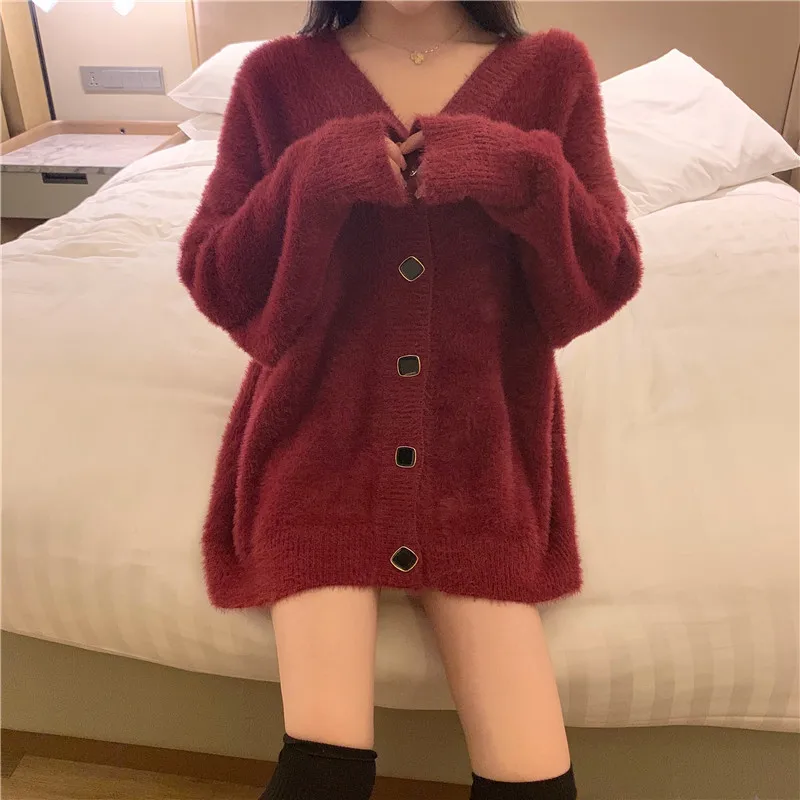 Sweater Women Spring Loose Lazy Wind Thicken Long Sleeve Plush Cardigan Blouse V-neck Knit Casual Simple Solid Color Top C050 |