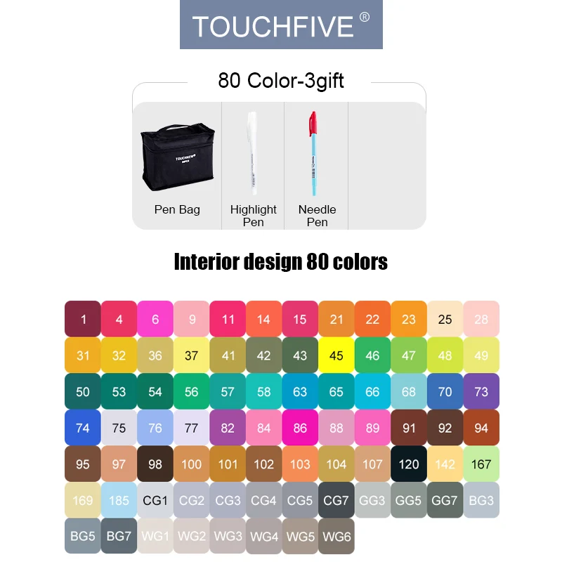 80-colors-interior TouchFIVE маркеры 40/60/80/168 и 30 штук на выбор, набор профессиональных маркеров на спиртовой основе с двойным наконечником для рисования, эскизов, дизайна, манги и аниме - Цвет: 80-colors-interior