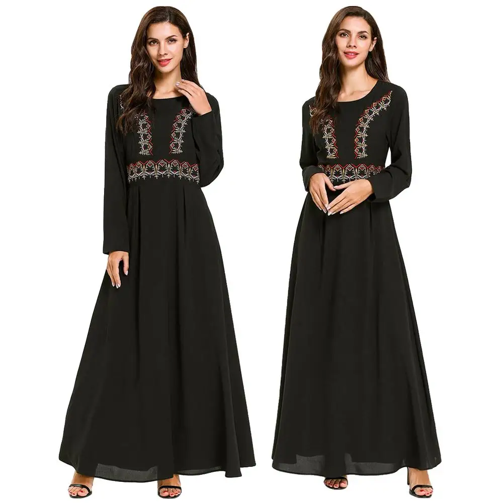 Женское длинное платье с вышивкой Abaya черное платье-Кафтан круглым вырезом в