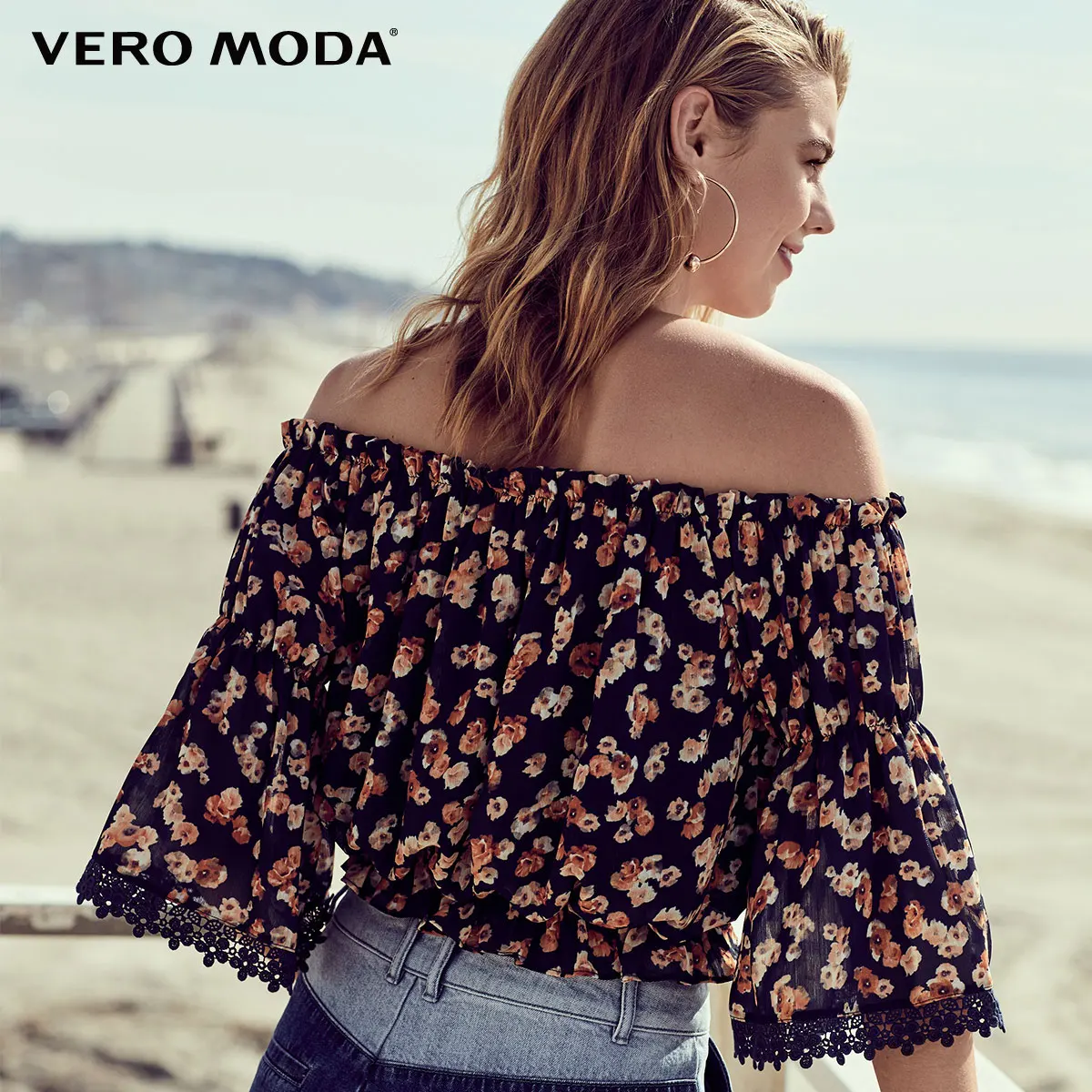 Vero Moda 2019 весна лето новый цветочный принт расклешенные рукава с вырезом лодочкой