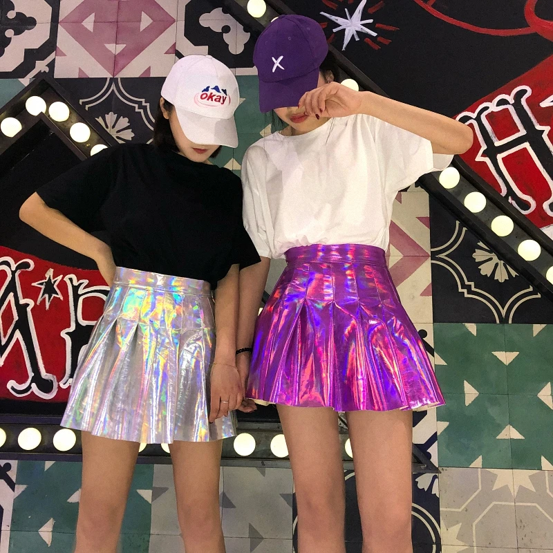 JSMY Женская Блестящая блестящая флуоресцентная юбка Harajuku стильная