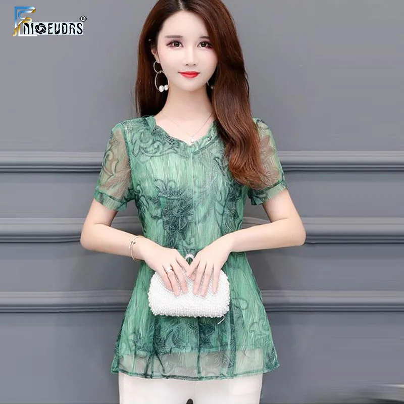 Chiffon Blouses Shirts Womans Short Sleeve Office Lady Work Patchwork Floral Print Beaded Blouse Faux Two Piece 4XL 3XL M019 |