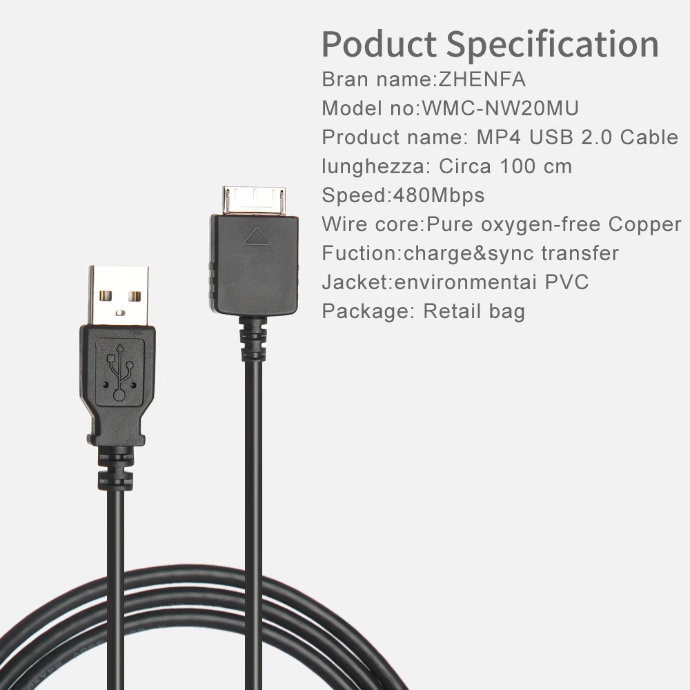 Zhenfa USB кабель для синхронизации данных и зарядки Sony MP3 MP4 Walkman Player NWZ-E455 NWZ-E443 NWZ-E444
