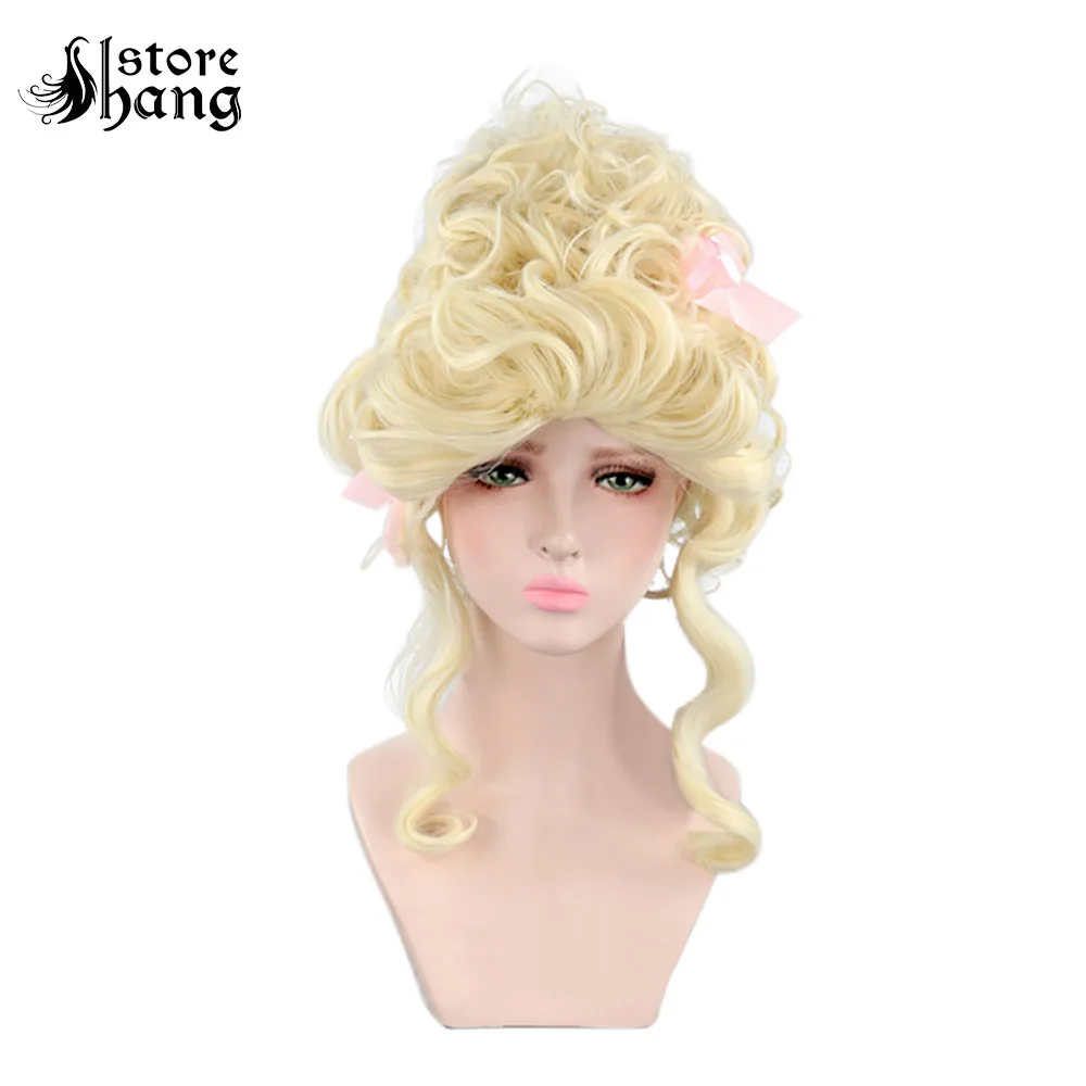 Роскошный блонд Marie Antoinette парик с розовые ленты, кудрявые волосы для взрослых женщин 18 век театральный парик