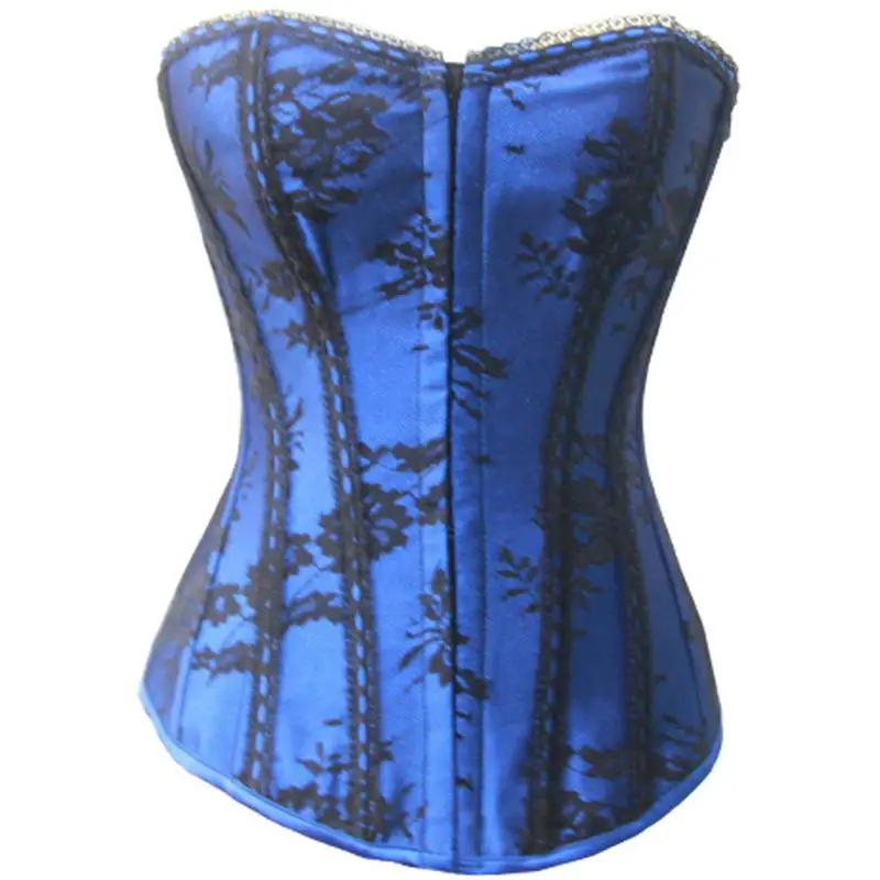 Синий Атлас и черный цветочный кружево Готический сексуальный корсетные корсеты