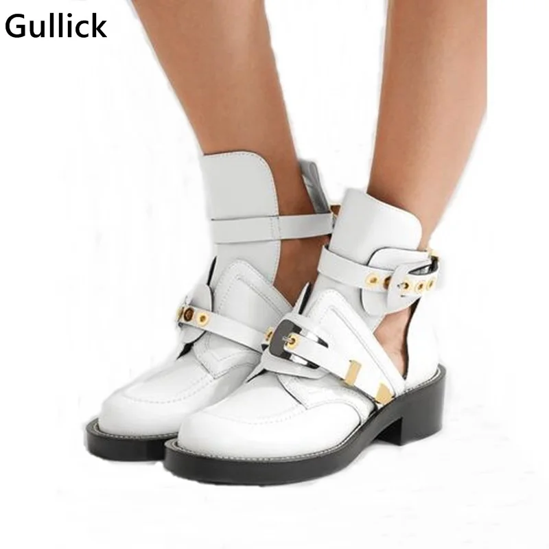

High Quality Luxury Spring Autumn Women White Ankle Boots Square Heels Buckle Hollow Leather Woman Punk Shoes Metal Decor