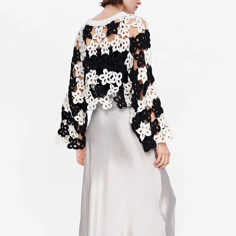 Arvinxia ZA Fashion Floral Hollow Out Long Sleeve Woman Sweaters New Loose O Neck Women Pullovers Sexy High Waist Femme Pullover | Женская