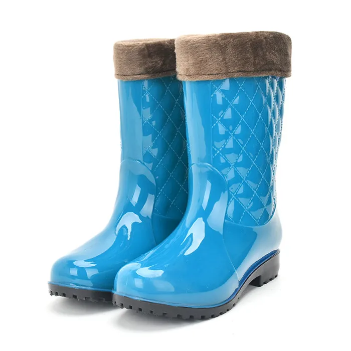 Blue Warm Rouroliu/женские Нескользящие непромокаемые сапоги из ПВХ, непромокаемая обувь, женские резиновые сапоги до середины икры, зимние теплые сапоги с вставками, RT171 - Цвет: Blue Warm
