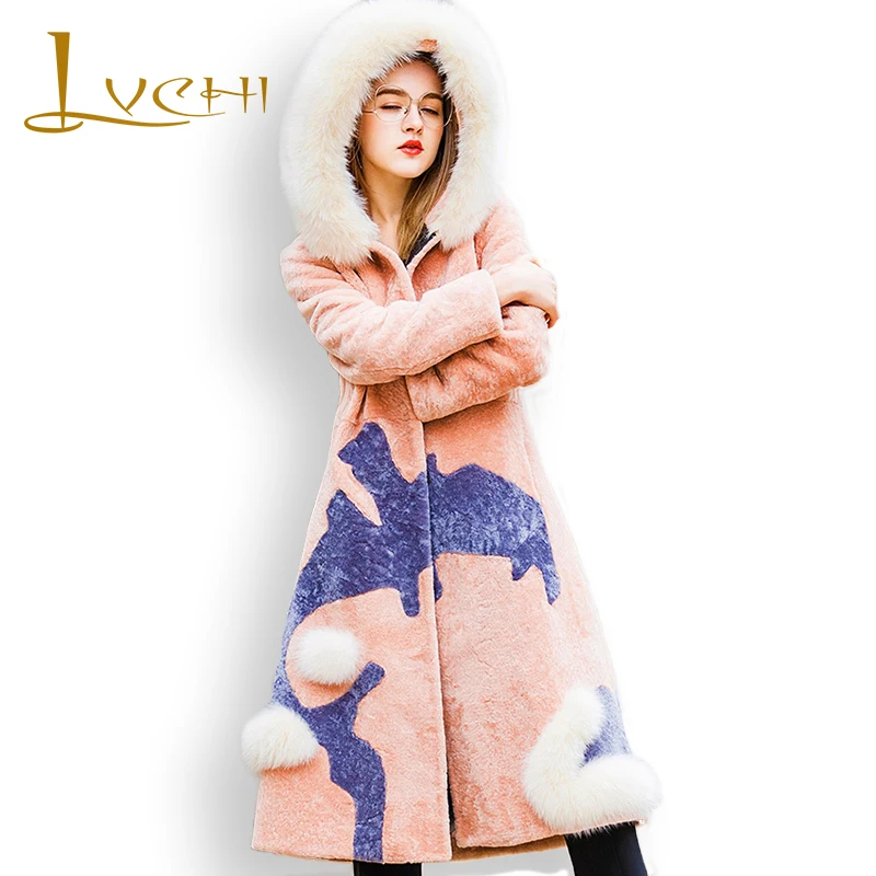 

Шуба LVCHI Женская, с воротником из лисьего меха, зимняя, 2019