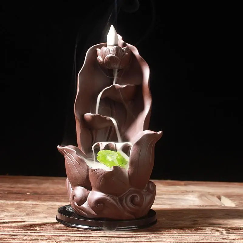 

Creative Lotus Smoke Waterfall Incense Holder Purple Sand Crafts Floral Backflow Incense Burner Aromatherapy Home Office Decor