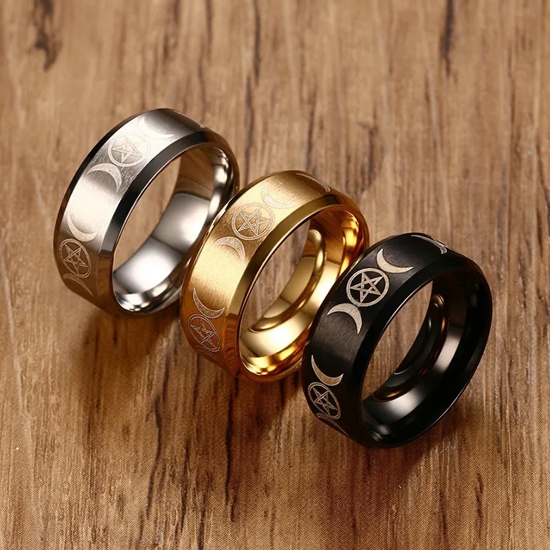 Triple Goddess Ring for Men 8mm Stainless Steel Star &ampamp Moon Alliance Classic Casual Male Band Jewelry Size 7 8 9 10 11 1 | Украшения
