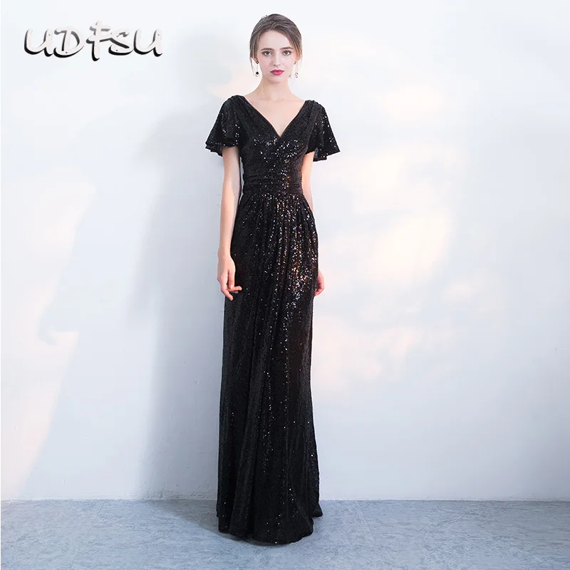 

UDFSU Women Short Sleeve V-neck Elegant Evening Dresses Backless Floor Length Party Gowns Mermaid Gown