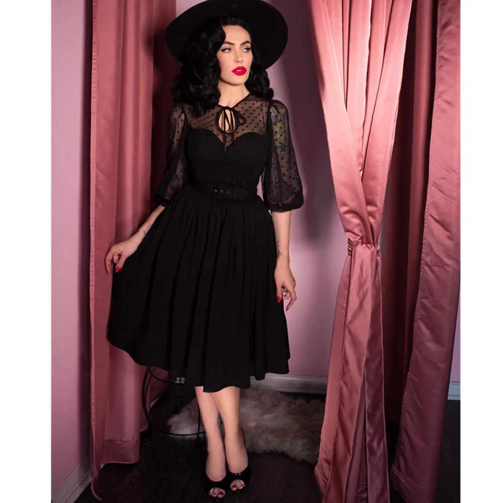 30 Женские винтажные 50 s Стильный сетки Sleeve swing frenchie платье в черный большие