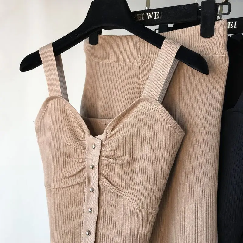 ALPHALMODA без рукавов Вязанный жилет+ трикотажные широкие брюки женские летние 2 шт повседневный комплект однобортный наряд брюки костюмы