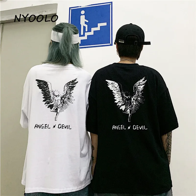 NYOOLO Harajuku Винтажная футболка с надписью Ангел Дьявол летняя свободная уличная