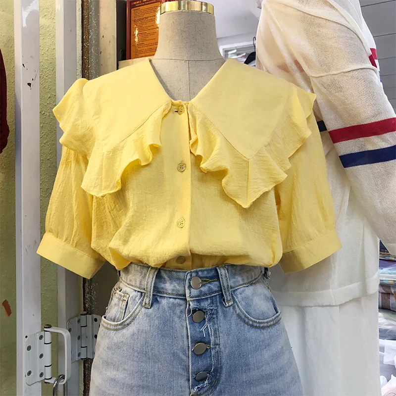 Vogue Single-breasted turndown collar Shirts Short Sleeve Korean Style Women Blusas Mujer De Moda 2018 Summer Blouses Femme Tops |
