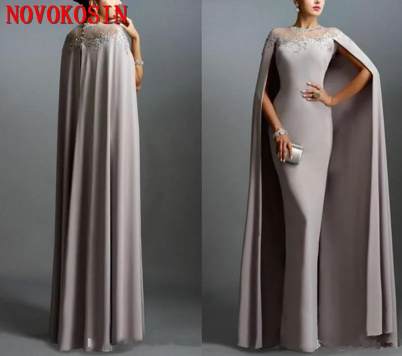 2019 Cheap Long With Cape Lace Mother of the Bride Dresses Formal Party Plus Size Prom Gowns For Wedding Bride Guest Dress