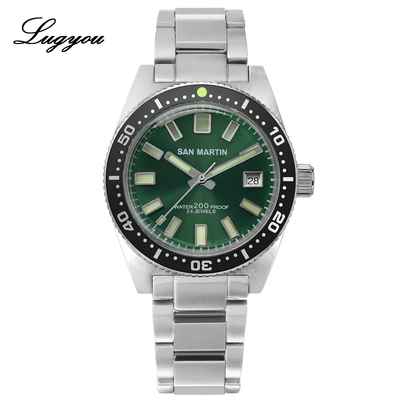 Green sunray Lugyou San Martin 62Mas Diver механические Автоматические Мужские часы из нержавеющей стали NH35 керамический ободок с циферблатом от солнца резиновое минеральное стекло - Цвет: Green sunray