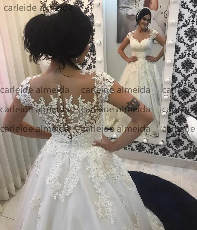 

Vestido de Noiva O-Neck A-Line Wedding Dress Bead Lace Appliques Robe de mariee Chapel Train Abiti da sposa Bodas