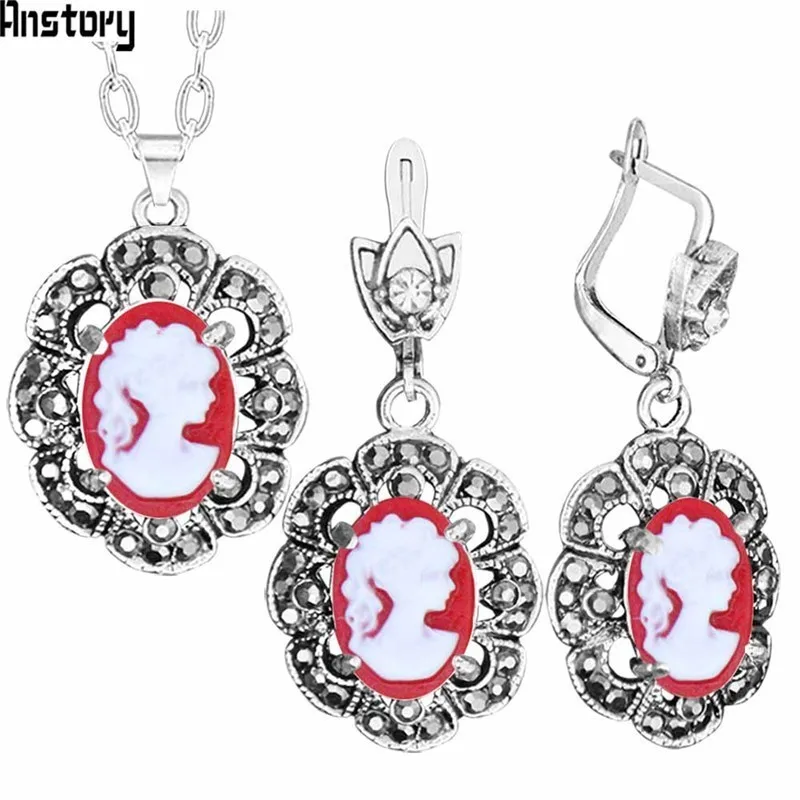 Red Vintage Lady Queen Cameo Jewelry Sets Plumflower Pendant Rhinestone Fashion Jewelry TS431 - Окраска металла: Red