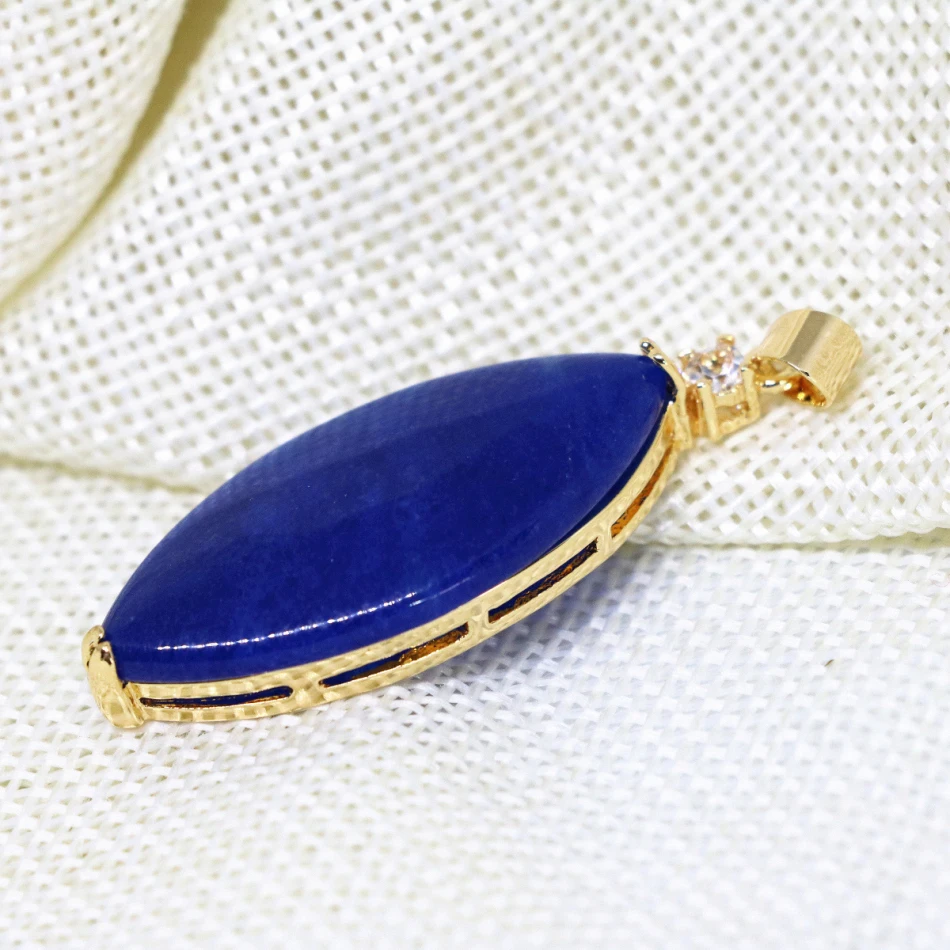 Wholesale Women Oval Drop Pendant Blue Natural Stone Chalcedony Lapis Lazuli Fashion Elegant Gold-color Jewelry 18*38mm B1874 | Украшения и
