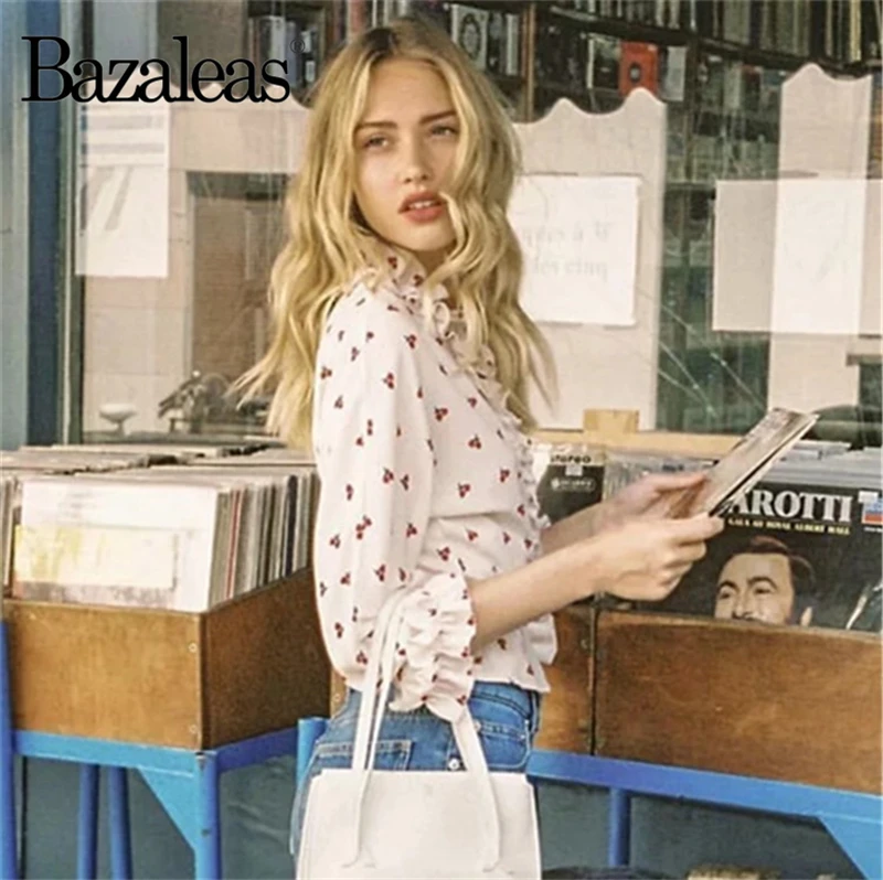 Bazaleas Вишневый топ с принтом гофрированная feminina blusas Повседневная Блузка с v-образным вырезом с пуговицами блузка женская блуза