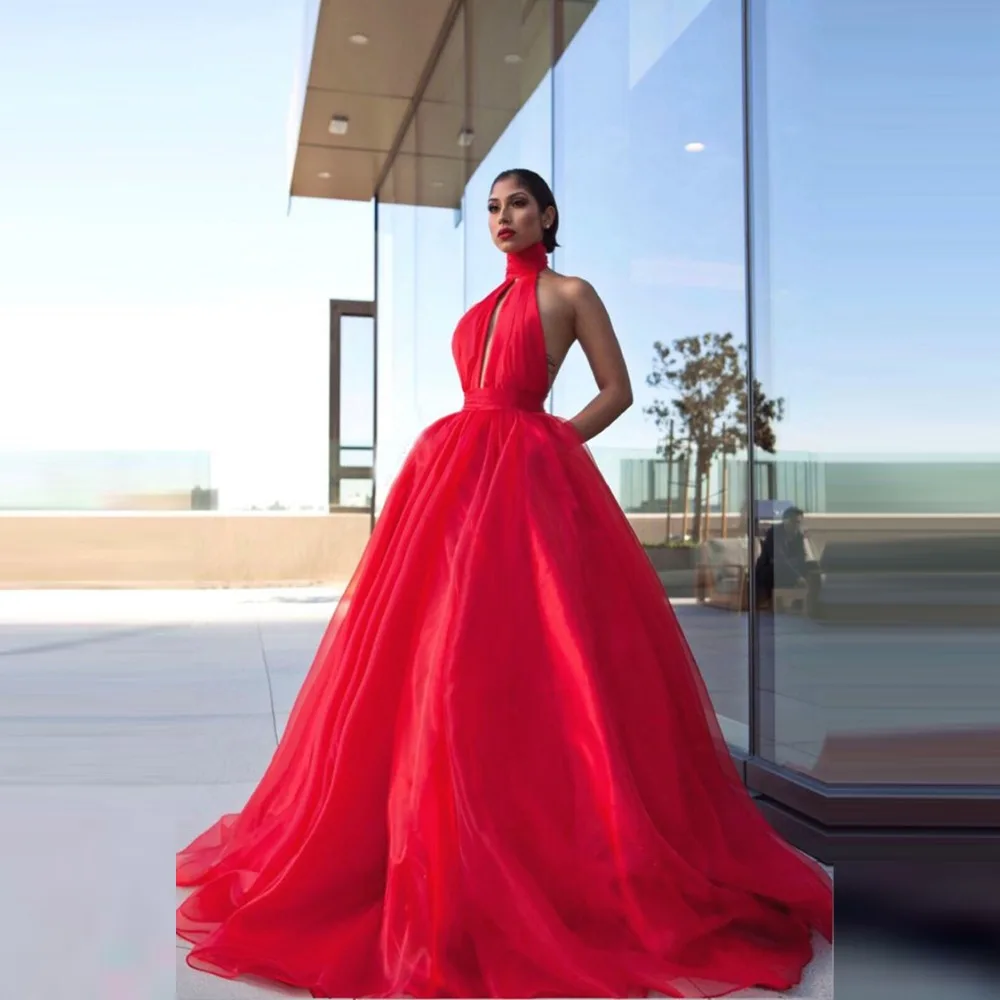 Robe de soiree Красные сексуальные вечерние платья длинное вечернее платье с открытой спиной vestido de festa longo A line Halter вечерние платья