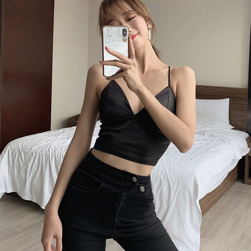 

2019 Summer Fashion Women'S Sleeveless Vest Club Bustier Top New Off Shoulder Neck Sexy Silk camisole female short paragraph