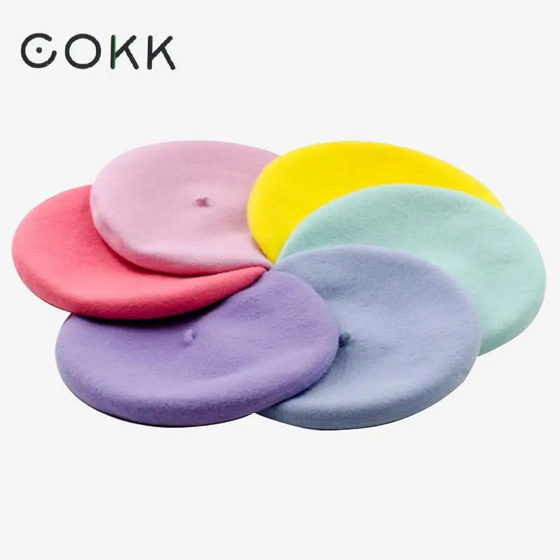 

COKK Wool Beret Autumn Winter Hats For Women Painter Cap Flat Boina Feminina Gorras Planas Candy Color Beret Women New Hot