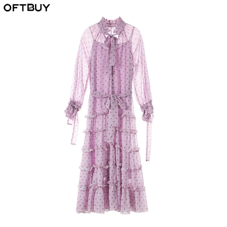 OFTBUY 2019 сезон: весна лето платье для женщин кружево точка рюшами фонари рукавом