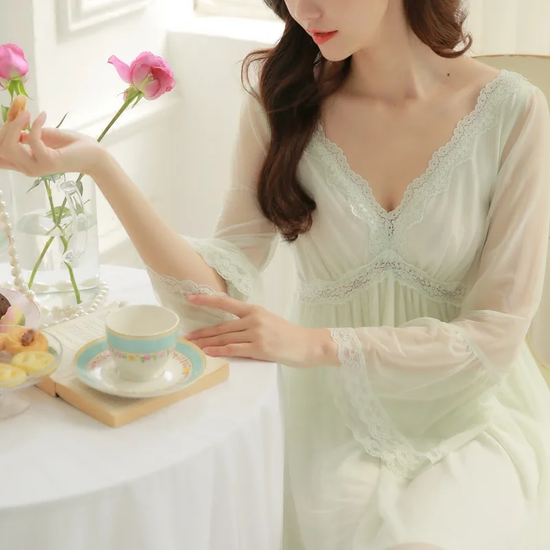 High-end 2017 New Arrival Summer Style Sexy Lace Palace Royal Beauty Nightdress Long White Pink Purple Ice Silk Nightgown | Женская