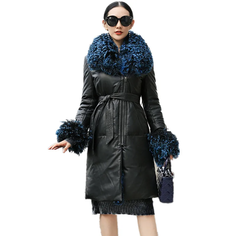 2018 Winter New Women's Genuine Leather Coat Sheep Down Jacket Long Section Wool Collar Thick Warm Slim Outer LE517 | Женская одежда
