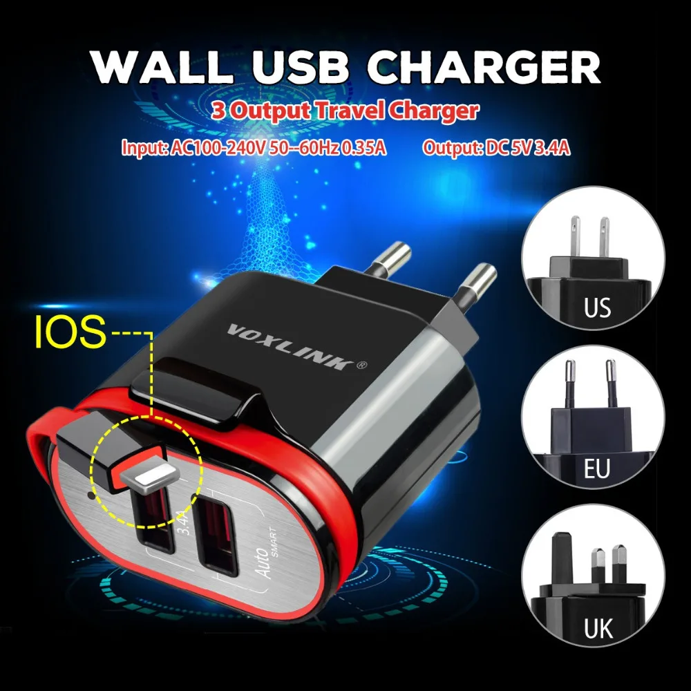 VOXLINK Универсальный двойной Порты и разъёмы USB Зарядное устройство 5V 3.4A USB для путешествий быстро Зарядное устройство с 8 pin USB кабель для передачи данных для iPhone 7 6s плюс 5S iPad