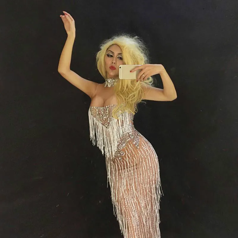 Sparkly Rhinestones Sexy Long Dress White Tassel Women Dresses Nightclub Party Performance Stage Dance Costume DJ DS Outfit | Женская