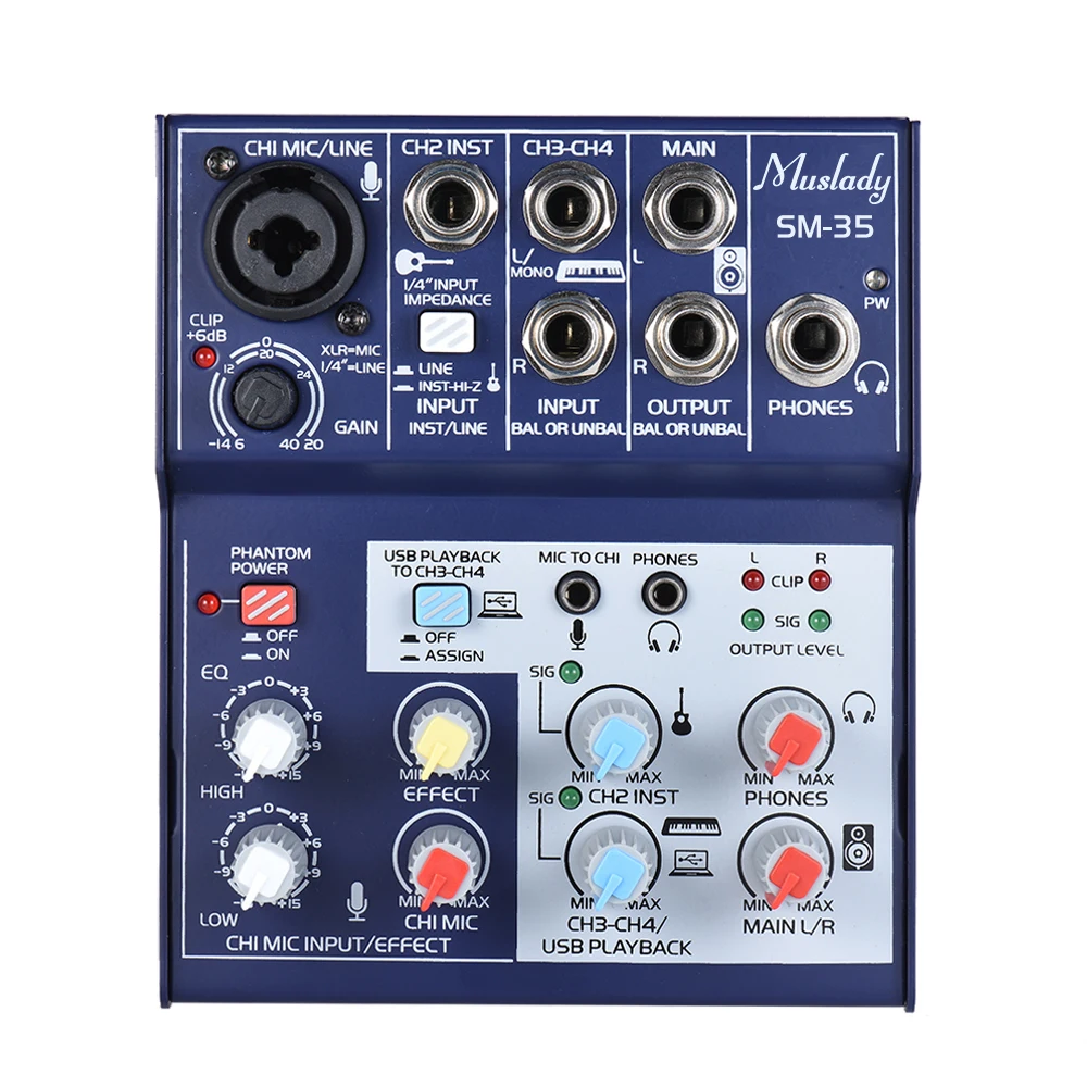 Muslady SM-35 4-Channel Sound Card Mixing Console Digital Audio Mixer Supports 5V Power Bank USB Supply | Спорт и развлечения