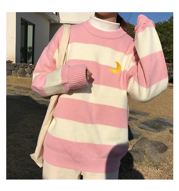 Harajuku модный полосатый вязаный женский свитер, милый студенческий свитер с вышитой луной, пальто в полоску, милый женский пуловер, свитер