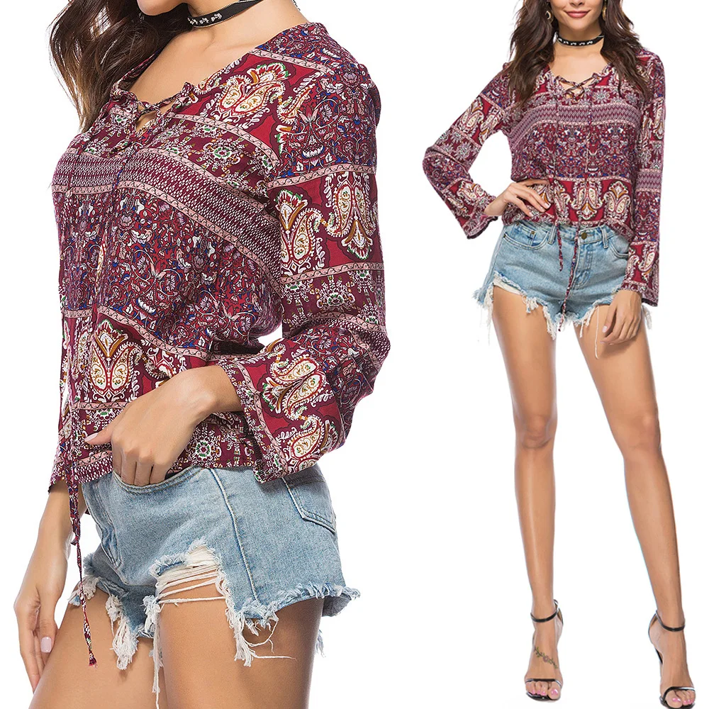 Женская укороченная блузка кимоно винно красного цвета с длинным рукавом v