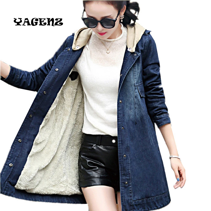 

S-4XL 2020 Female Spring Cowboy Jacket Winter Coat Korean Style Medium Long Plus Thick Denim Jacket Coat Big Yards Casual Tops