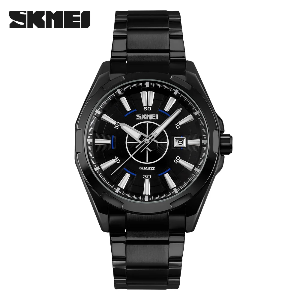SKMEI Топ бренд Роскошные Кварцевые Часы повседневные мужские черные кварцевые