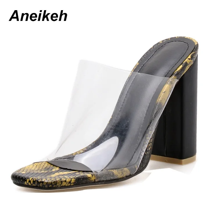 Black Aneikeh/ г. Модные пикантные прозрачные Шлепанцы из ПВХ, новинка, женская обувь с открытым носком на высоком квадратном каблуке - Цвет: Black