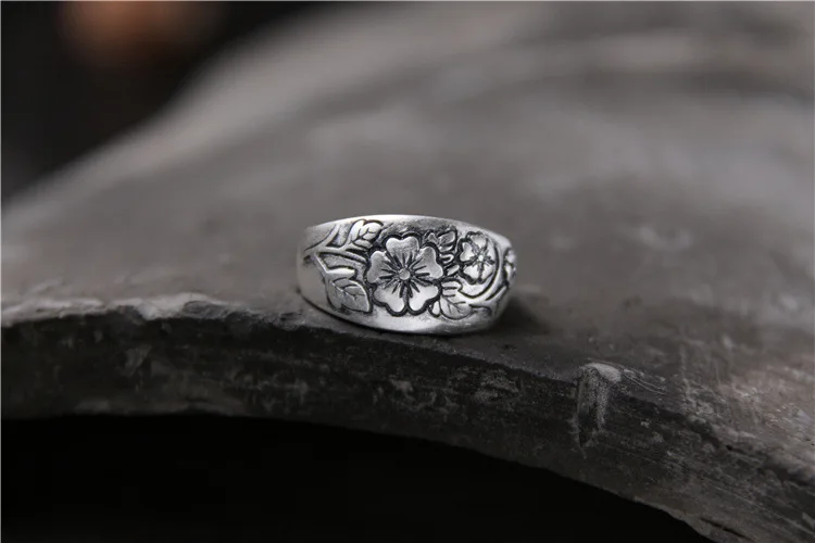 Серебряное кольцо S999 с резным цветком сливы для женщин из тайского серебра