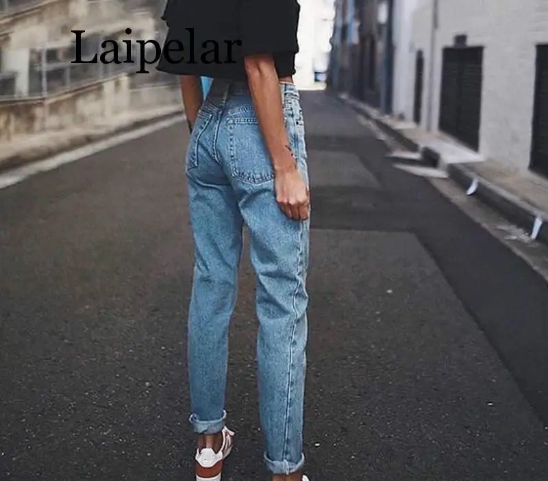 

LaipelarVintage ladies boyfriend jeans for women mom high waisted jeans blue casual pencil trousers korean streetwear denim pant