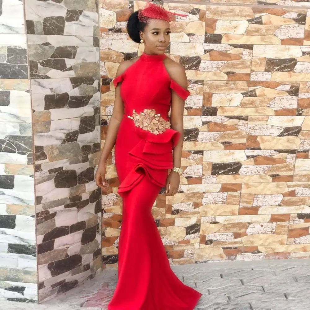 

Red High Neck Off Shoulder Mermaid Evening Party Dress African Sheath Prom Gowns Appliqued Black Girl Long Pageant Formal Dress
