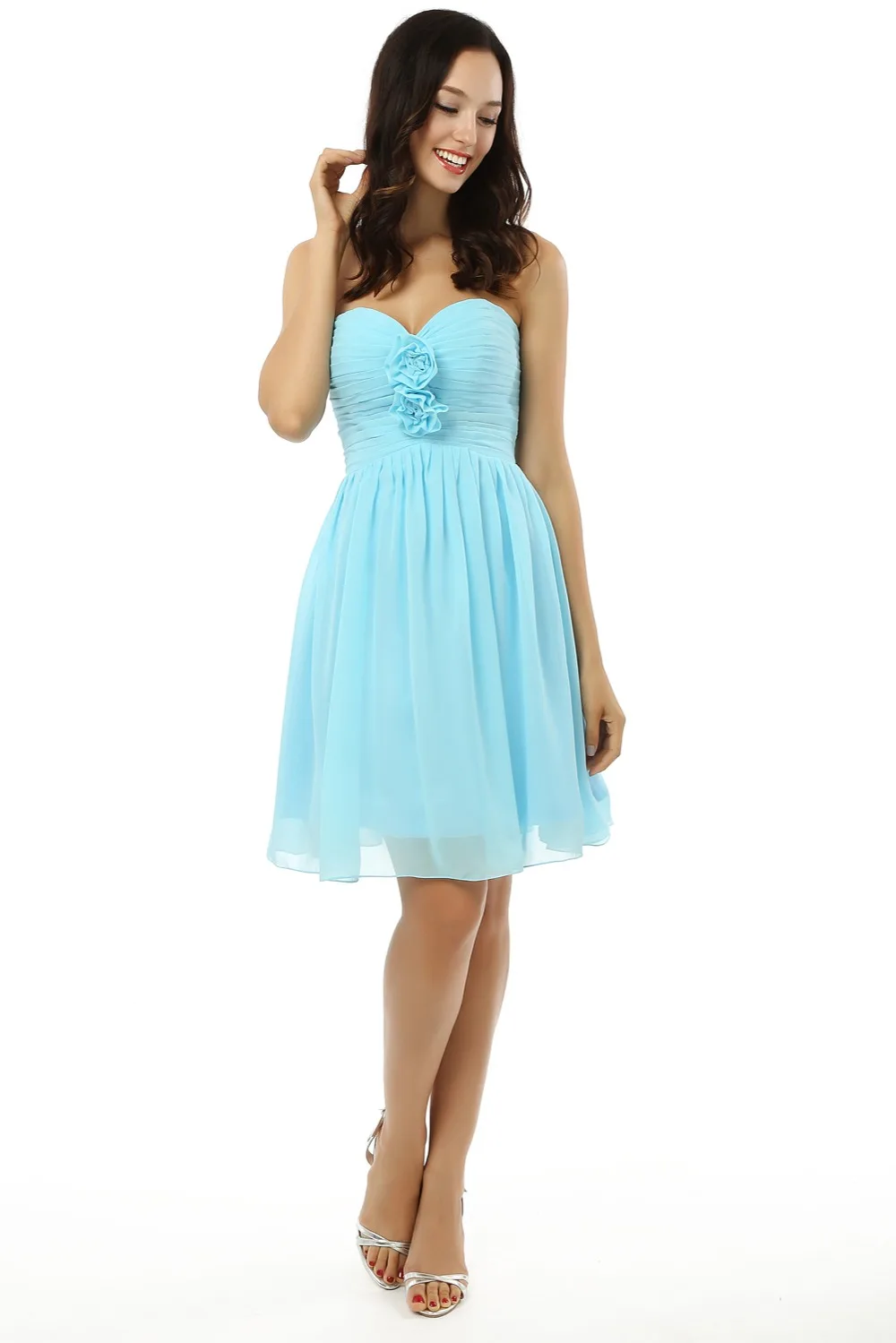 Backless Cheap Bridesmaid Dresses Under 50 A-line Sweetheart Short Mini Chiffon Turquoise Flowers Wedding Party | Свадьбы и